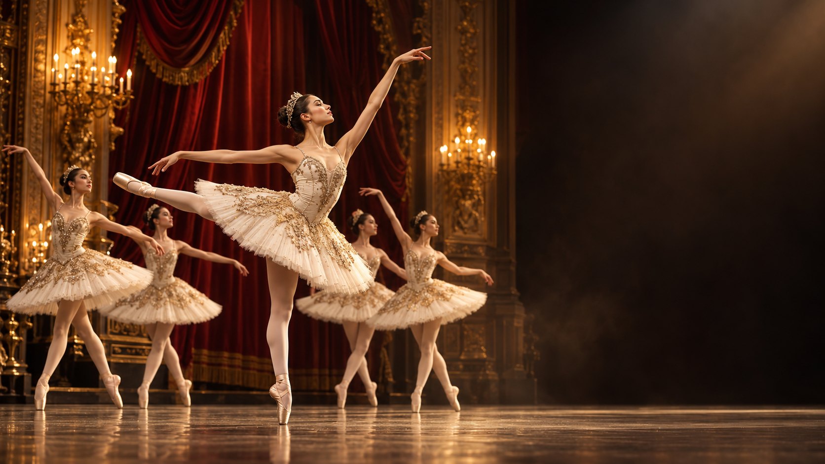 A corps of ballerinas holding arabesque under stage light.
