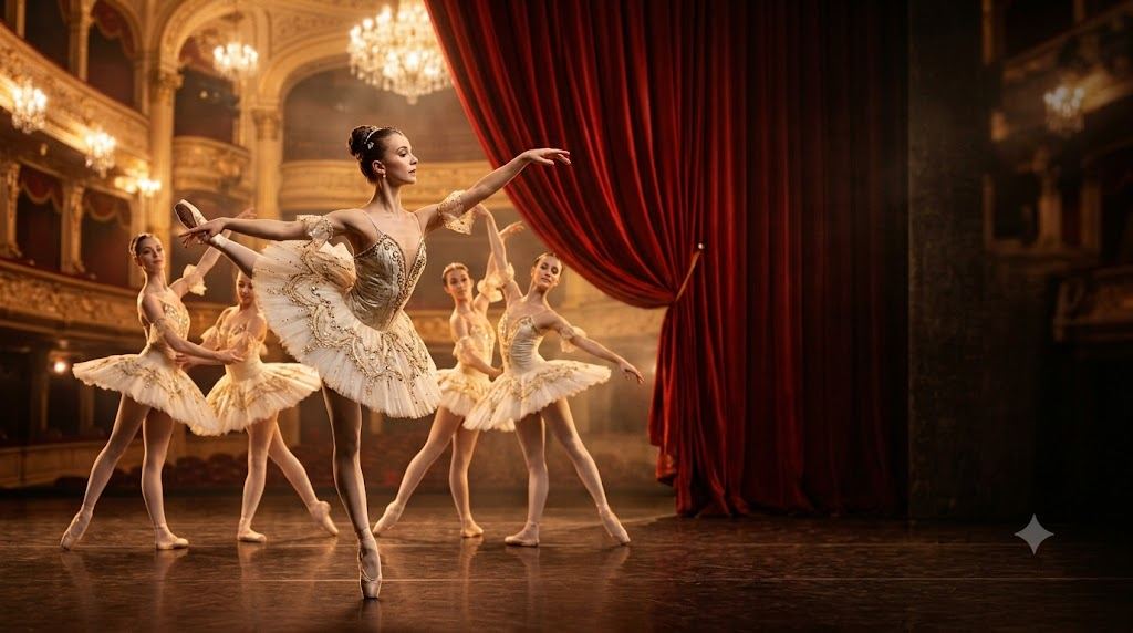 Ballerinas in ivory tutus on a gilded theatre stage, the red curtain drawn back.