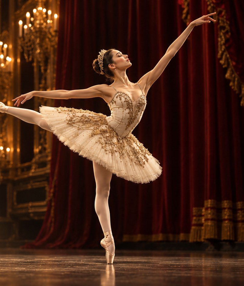 A soloist en pointe in arabesque before red velvet curtains.