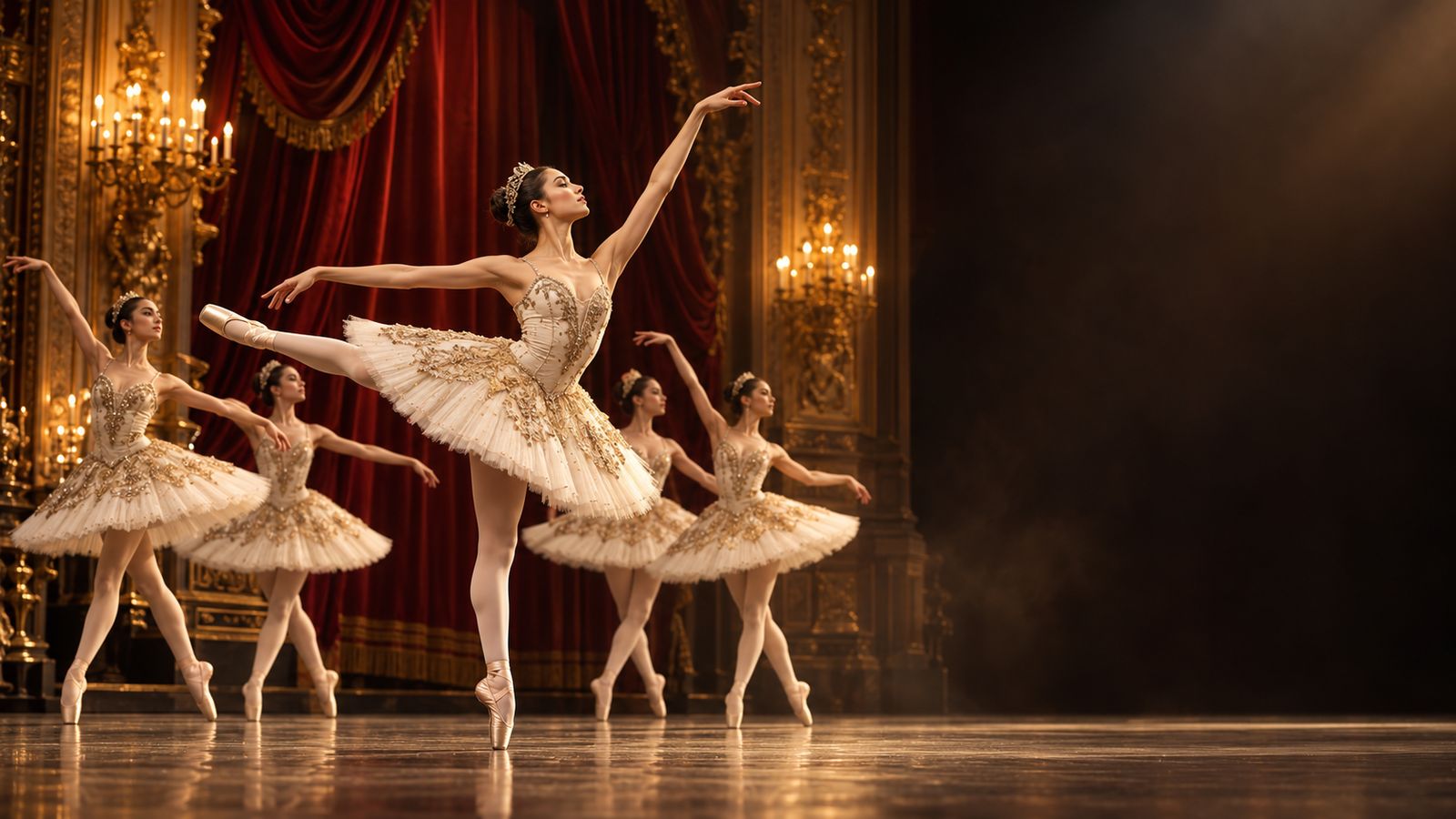 A corps of five ballerinas in ivory and gold tutus, arabesque, on a gilded opera house stage.