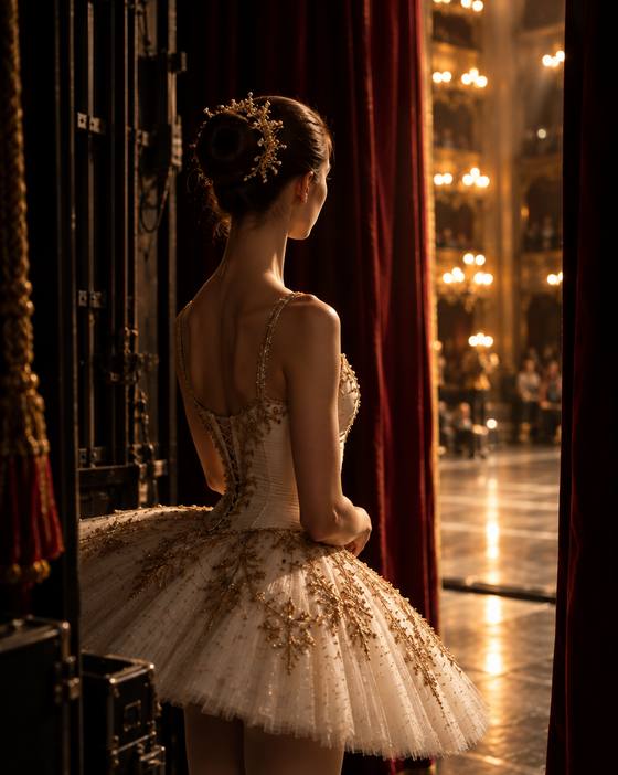 A ballerina seen from behind in the wings.